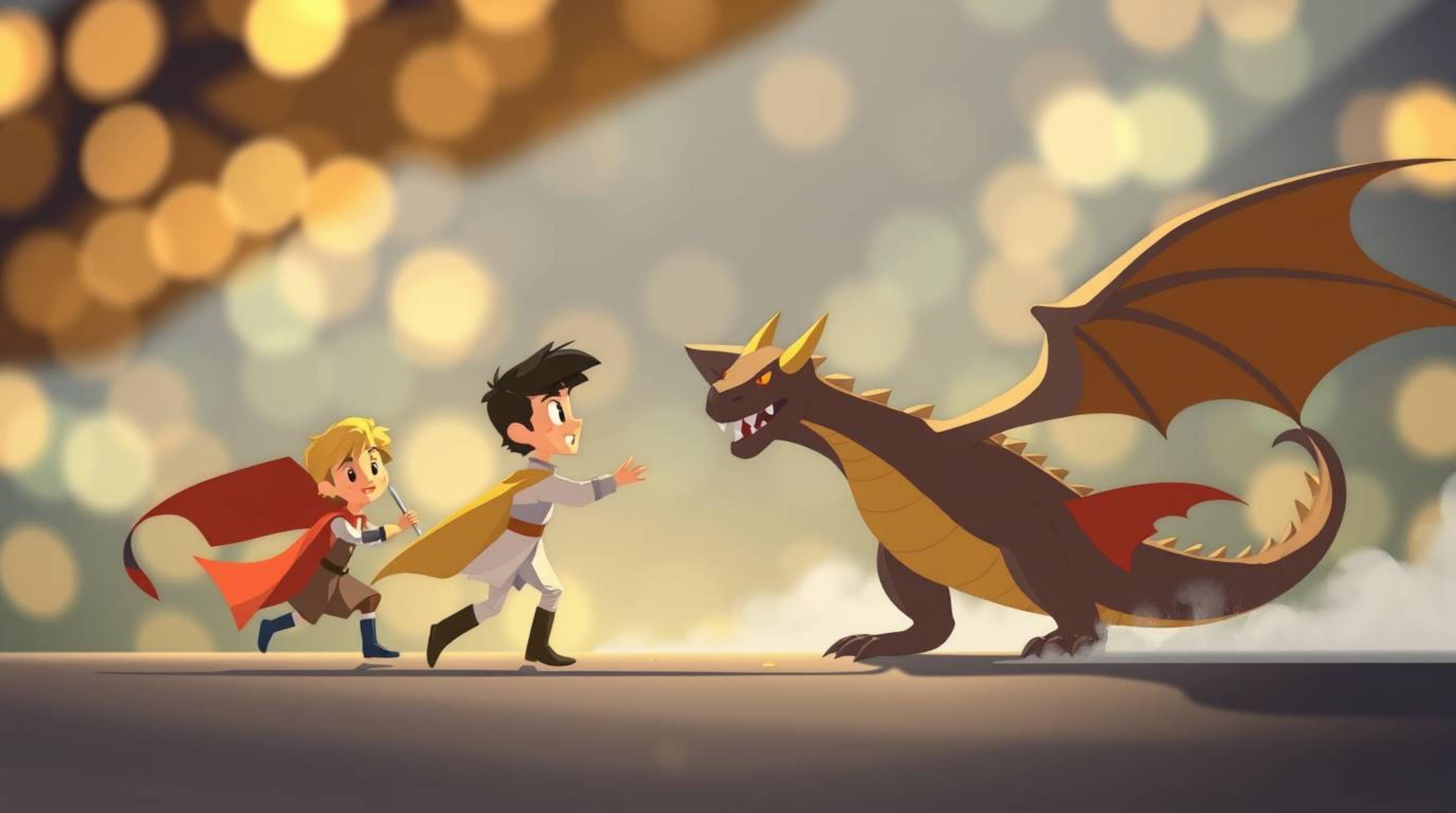 Experience a captivating scene featuring a charming prince battling a fearsome dragon, brought to life in a modern flat desig