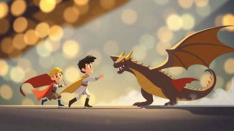 Experience a captivating scene featuring a charming prince battling a fearsome dragon, brought to life in a modern flat desig