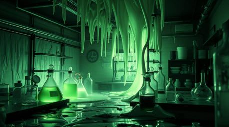 Experience a timeless and elegant piece of abstract art depicting a slime-covered science lab bathed in artistic black and wh