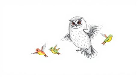 A heartwarming hand-drawn sketch in Pixar style depicts a blind owl with soft, downy feathers bravely leading a vibrant flock