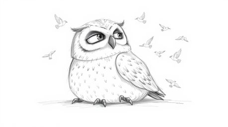 A hand-drawn sketch in the style of Pixar depicts a blind owl, its soft, feathery texture contrasting against a stark white b