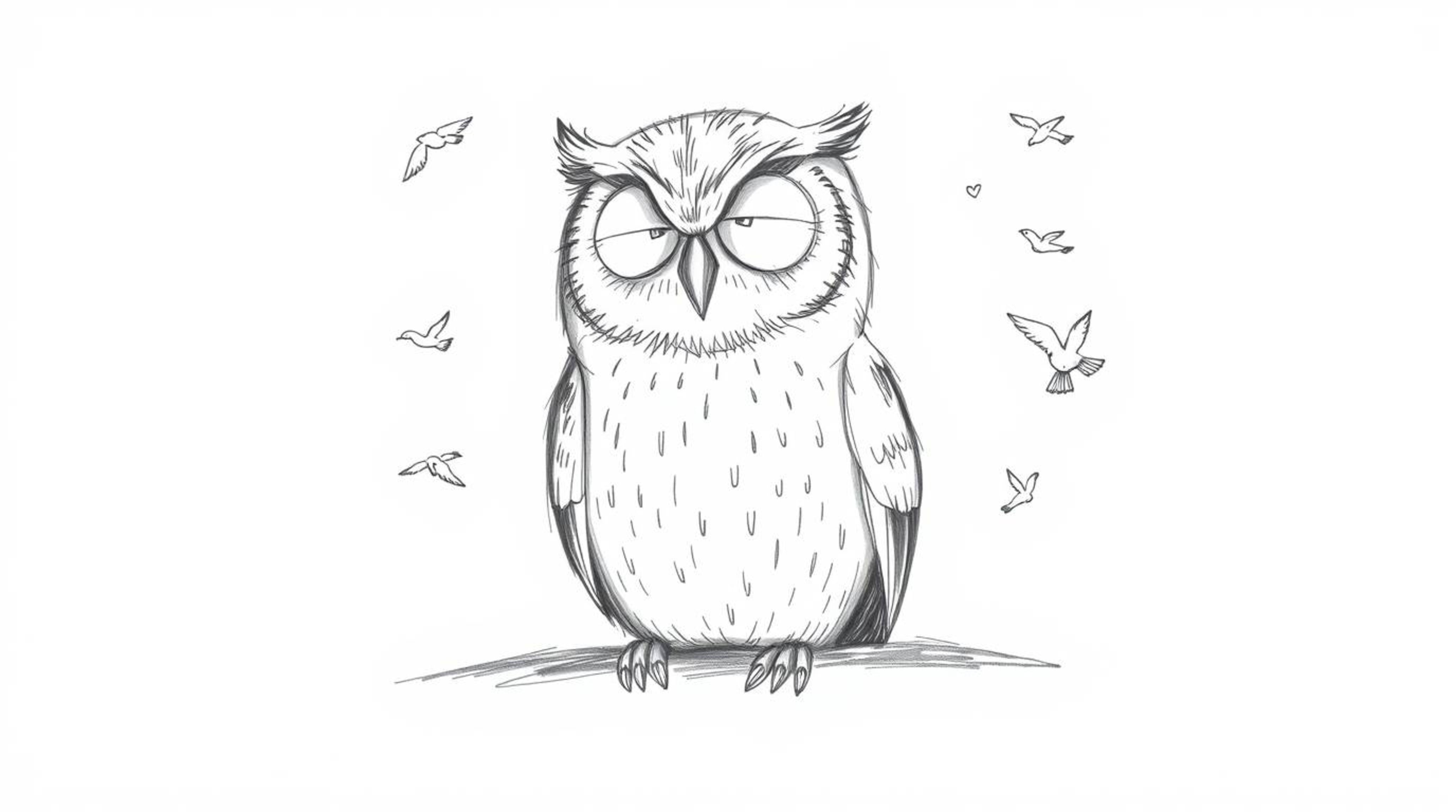 A heartwarming image depicting a blind owl, rendered in Pixar style with soft, feathery details and rough lines, sitting calm