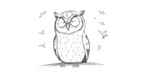 A heartwarming image depicting a blind owl, rendered in Pixar style with soft, feathery details and rough lines, sitting calm
