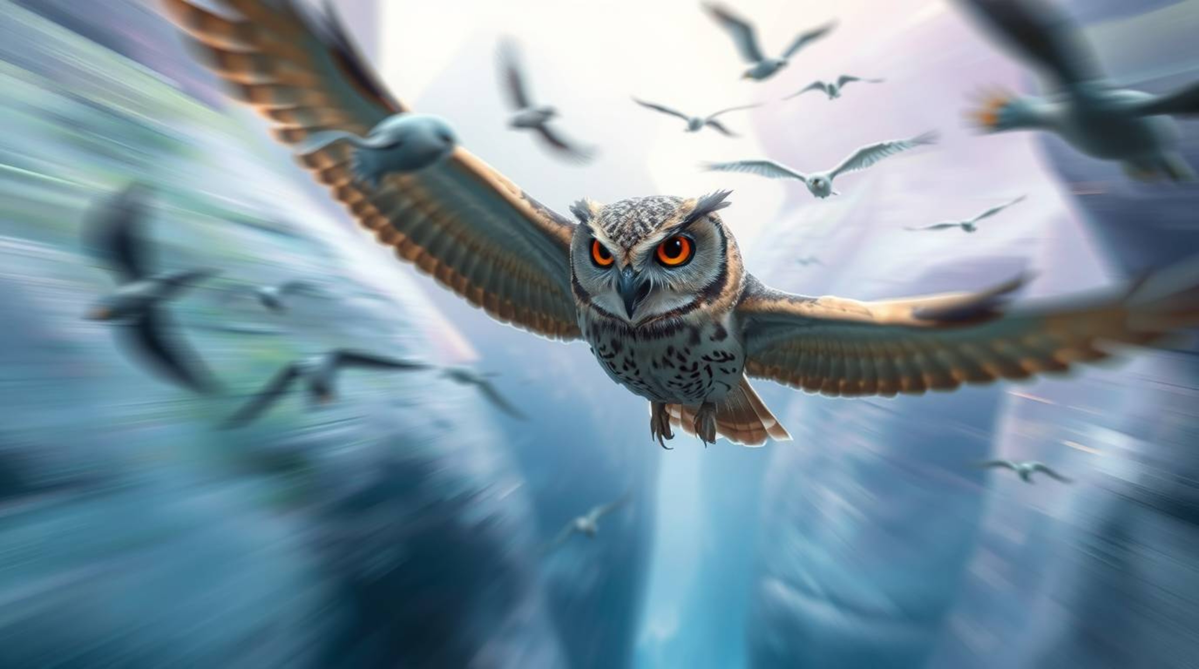 This stunning photographic image, created with a cinematic, long-exposure effect, features a blind owl rendered in the style 