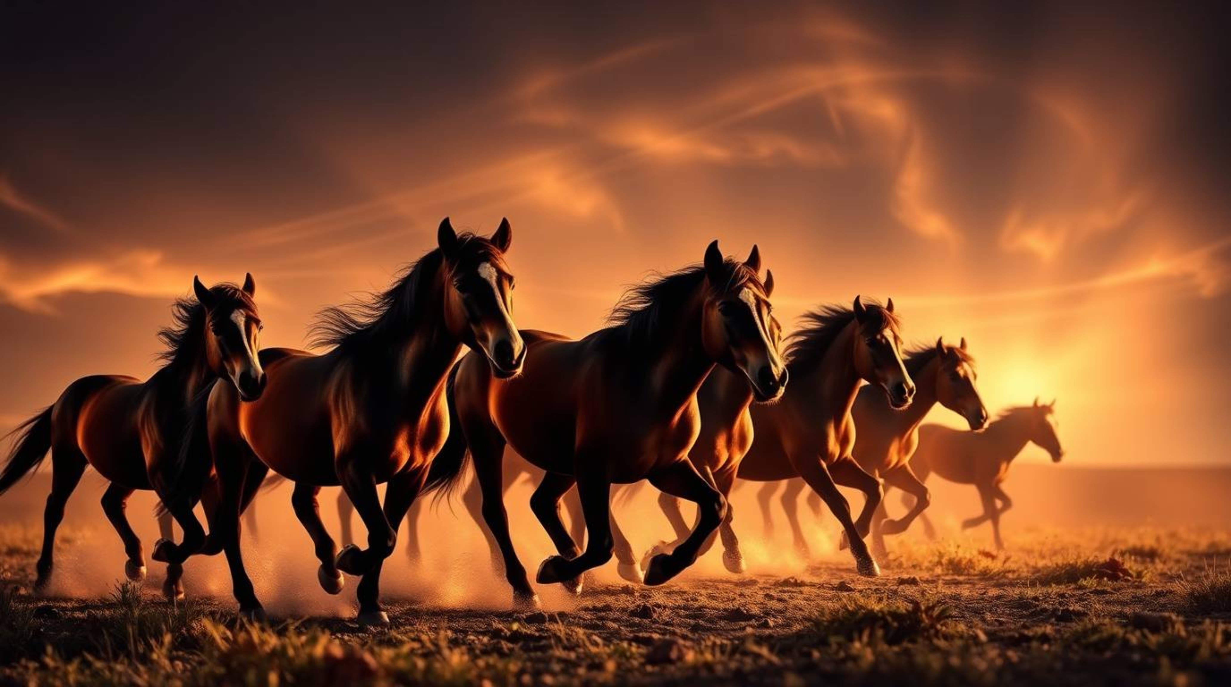 A captivating light art piece showcases a charming herd of wild horses galloping beneath an artistically illuminated and radi