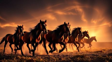 A captivating light art piece showcases a charming herd of wild horses galloping beneath an artistically illuminated and radi