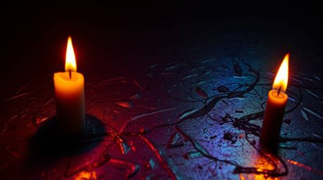 Experience an eerie and creepy atmosphere created by warm candlelight flickering over an iridescent gradient texture on a met