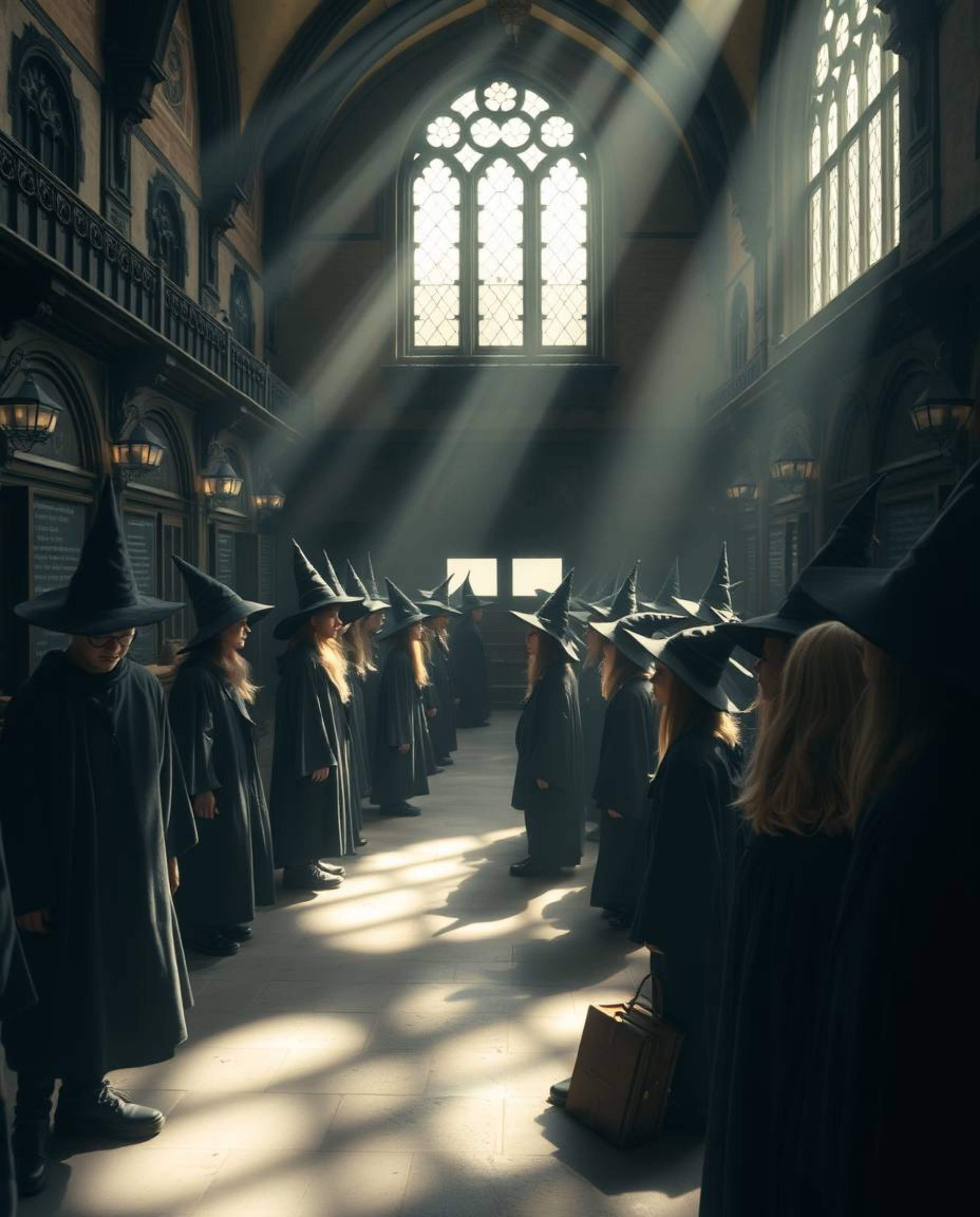 A captivating photograph capturing a magical school brimming with young wizards, softly bathed in gentle light that diffuses 