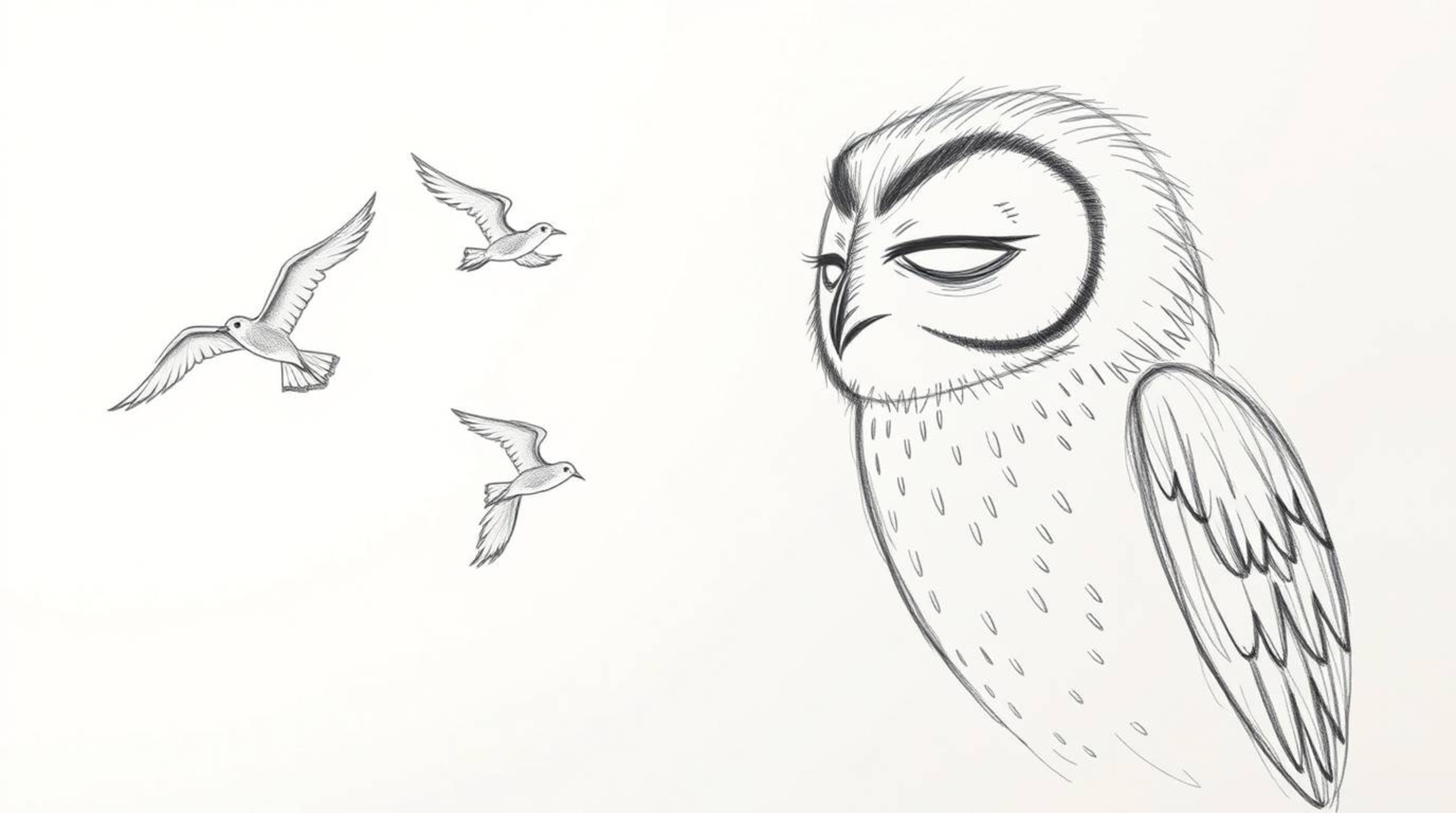 A heartwarming hand-drawn sketch, reminiscent of Pixar, showcases a wise, blind owl with gentle features, imparting the art o
