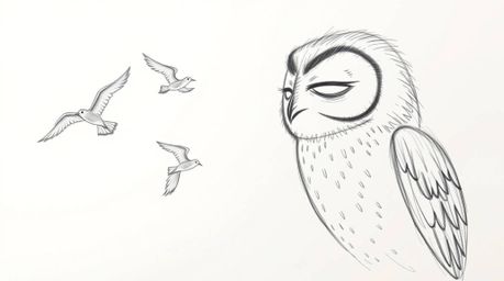 A heartwarming hand-drawn sketch, reminiscent of Pixar, showcases a wise, blind owl with gentle features, imparting the art o