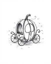 A timeless and elegant black and white hand-drawn sketch depicting a magical pumpkin transforming into a carriage.  The illus