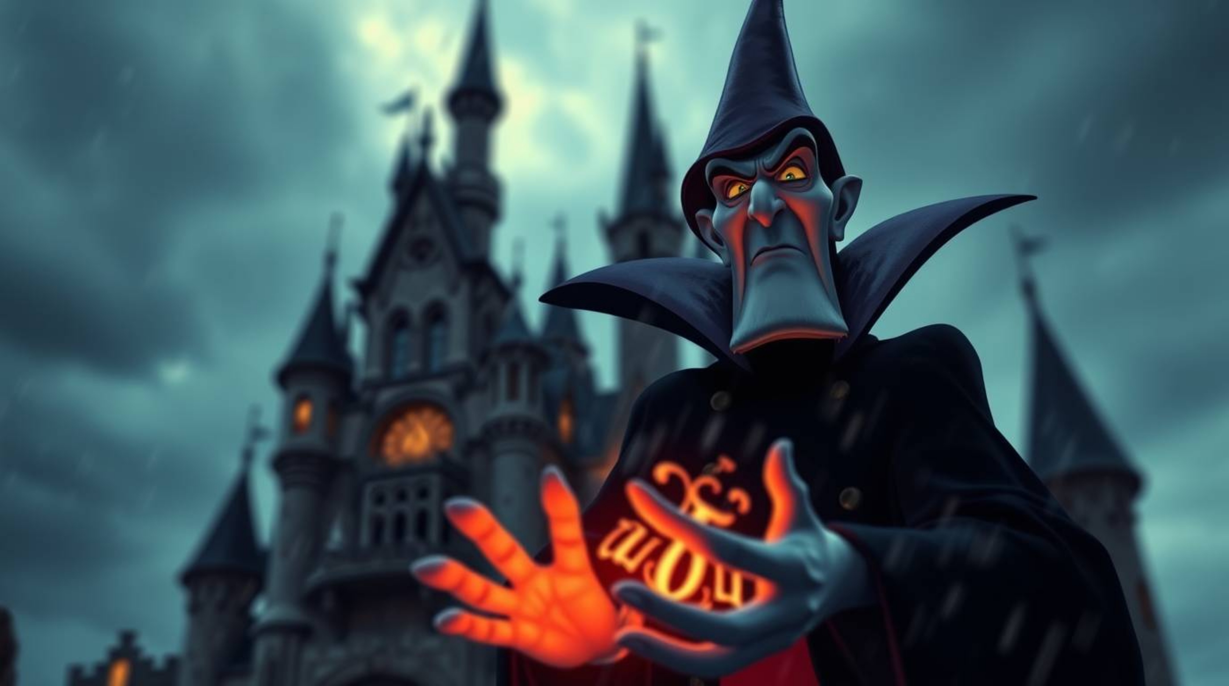 An intense scene featuring a classic Disney villain with sharp features, casting a spell within the confines of an old castle