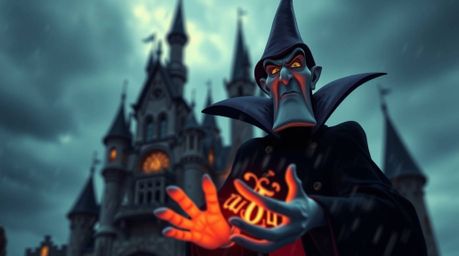 An intense scene featuring a classic Disney villain with sharp features, casting a spell within the confines of an old castle