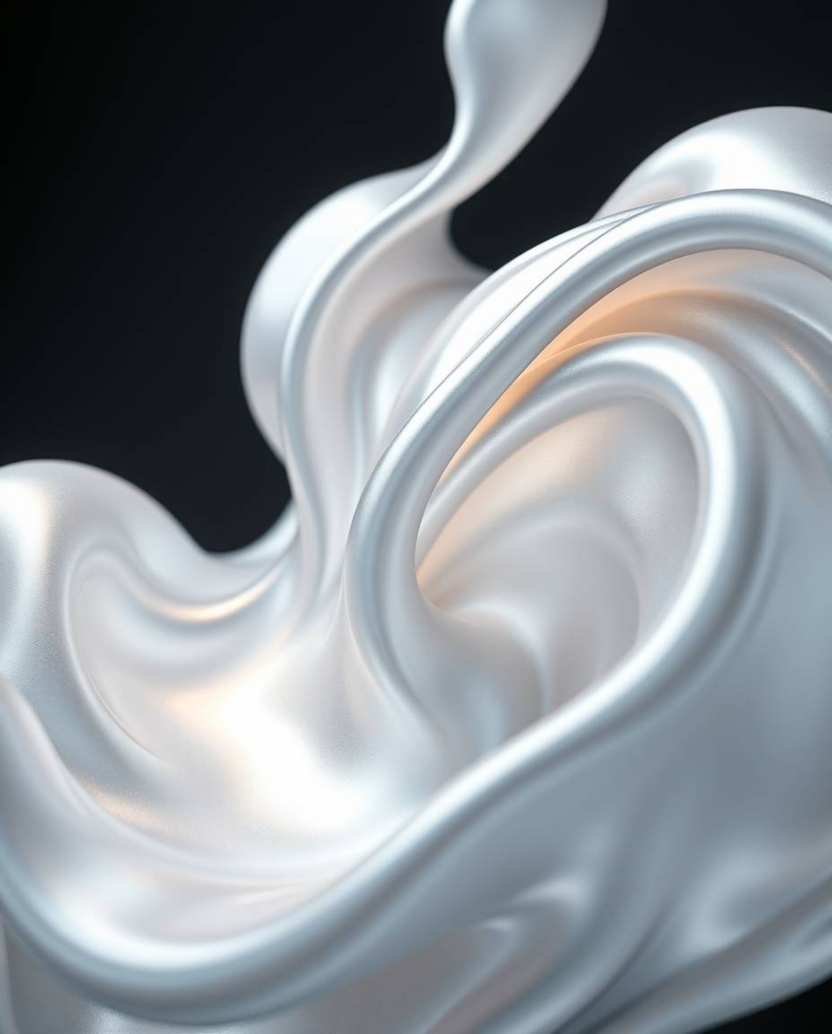 Experience the mesmerizing beauty of ethereal photography featuring smooth 3D fluid shapes with metallic textures, floating e