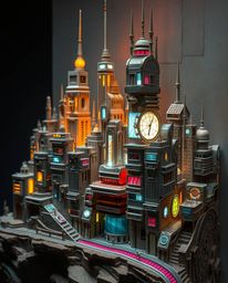 Discover a captivating layered papier-mâché sculpture depicting a futuristic city in glitch mode.  This charming artwork feat