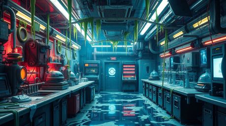 Explore a cinematic, futuristic sci-fi world with this image of a slime-covered science lab. Filled with advanced technology 