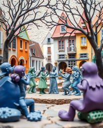 A vibrant musical performance unfolds in a bright town square, featuring stunning sculptural clay art in cool blues, greens, 