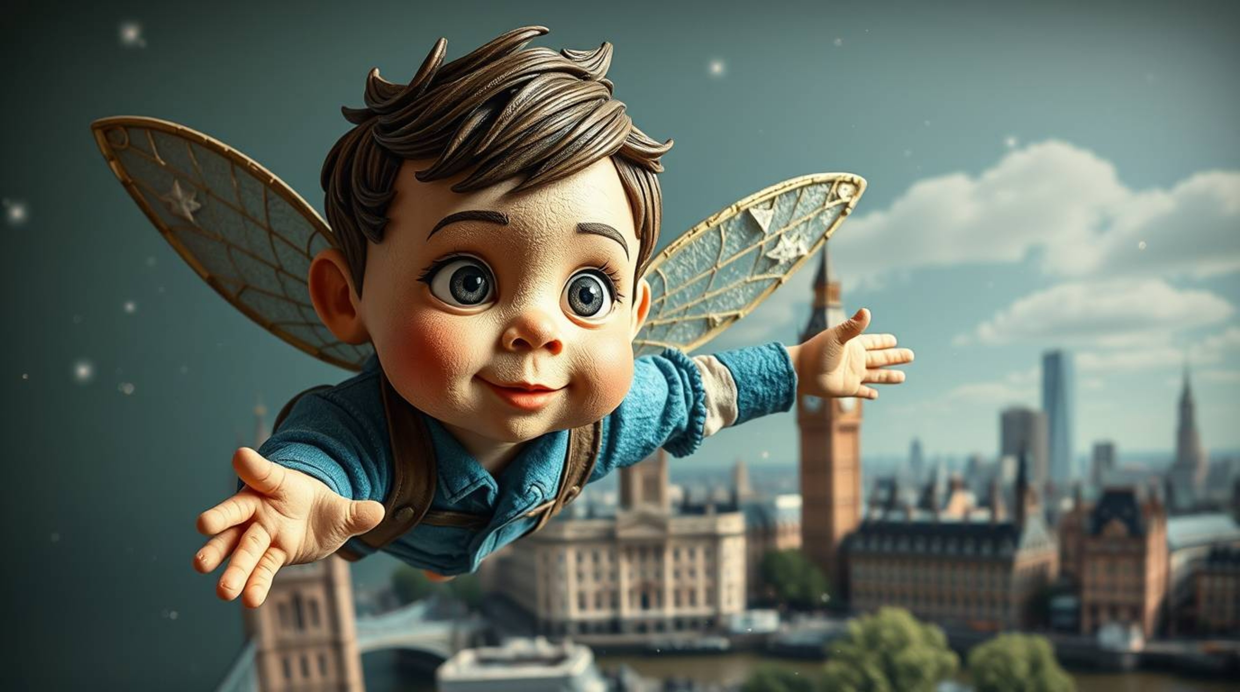 A charming papier-mâché artwork depicts a delightful young boy with endearing features, soaring above London with the aid of 