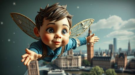 A charming papier-mâché artwork depicts a delightful young boy with endearing features, soaring above London with the aid of 