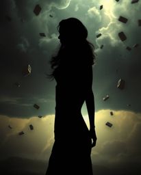 Explore a captivating image of a silhouetted figure set against a surreal, backlit storm, complete with flying objects and th