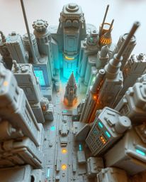 This sculptural clay art piece offers a unique overhead, bird's eye perspective of a futuristic city experiencing a glitch. T