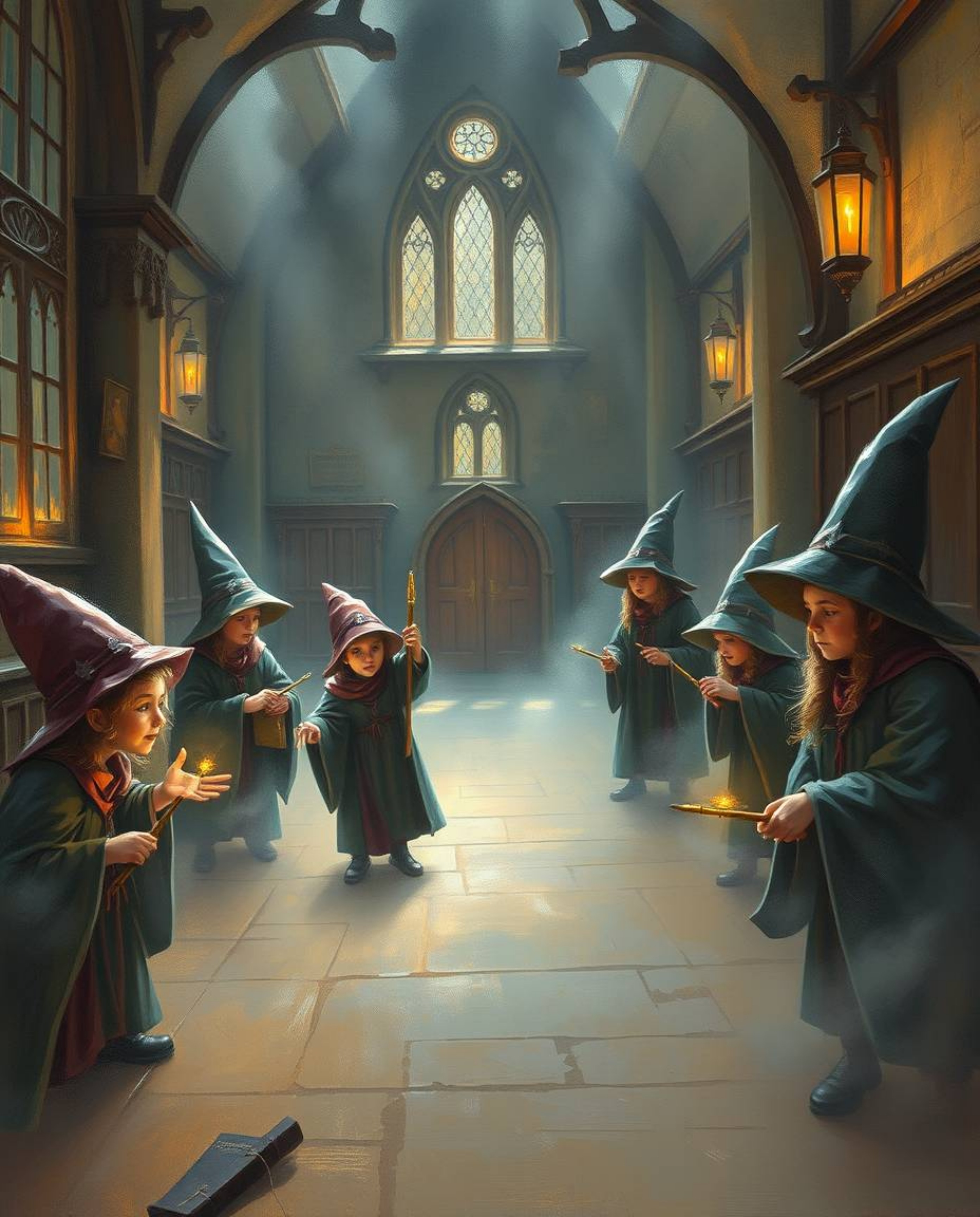 Immerse yourself in a magical school brimming with young wizards, brought to life through a classic oil painting style. Exper