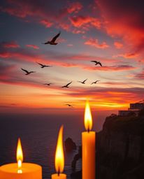 This is a high-resolution stock photo depicting a sunset over a coastal cliff with soaring birds, uniquely illuminated by war