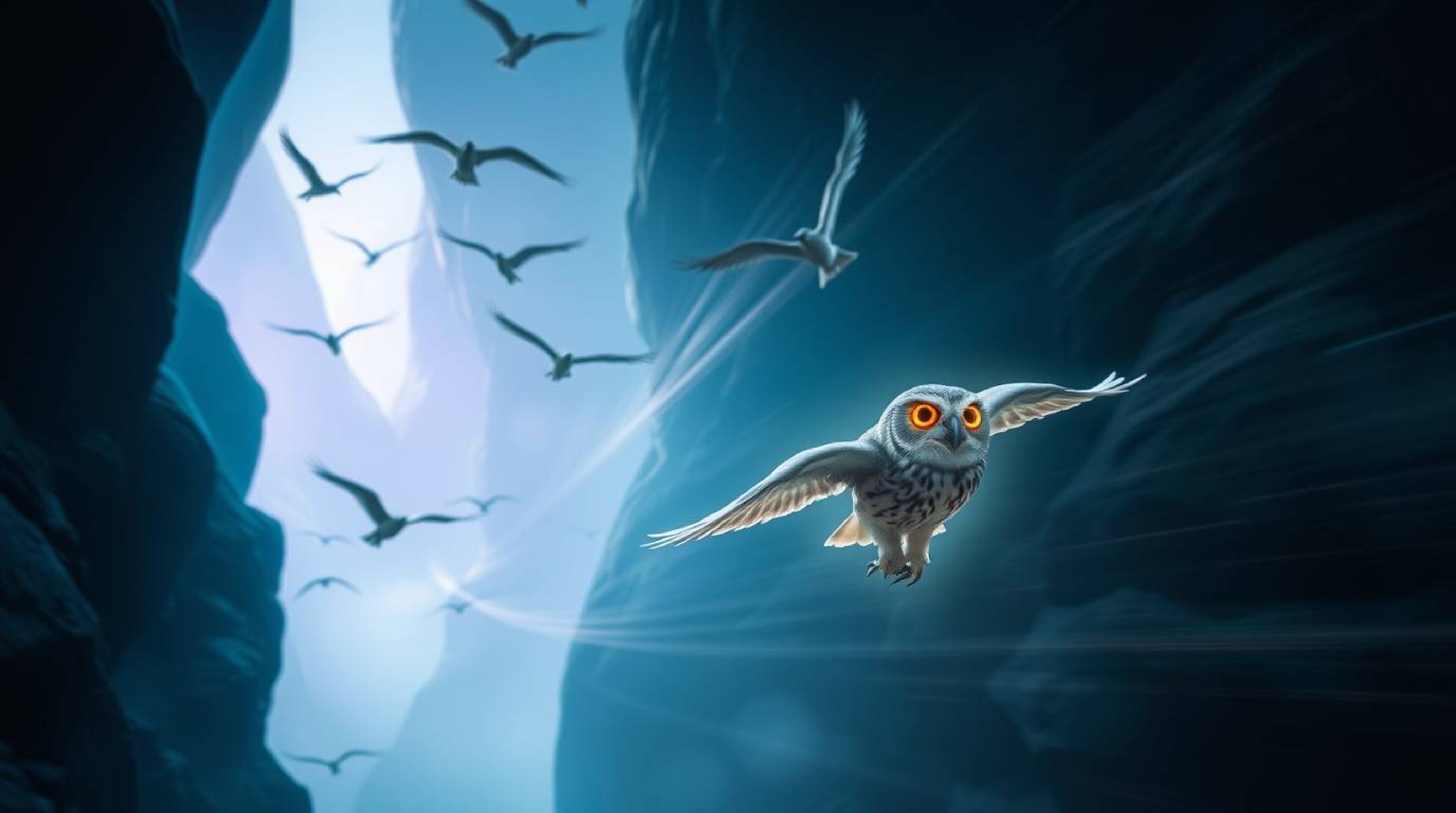 A heartwarming Pixar-style photograph depicts a blind owl, its feathers radiating a gentle glow, guiding a flock of birds thr