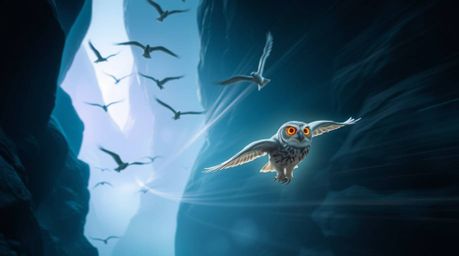 A heartwarming Pixar-style photograph depicts a blind owl, its feathers radiating a gentle glow, guiding a flock of birds thr