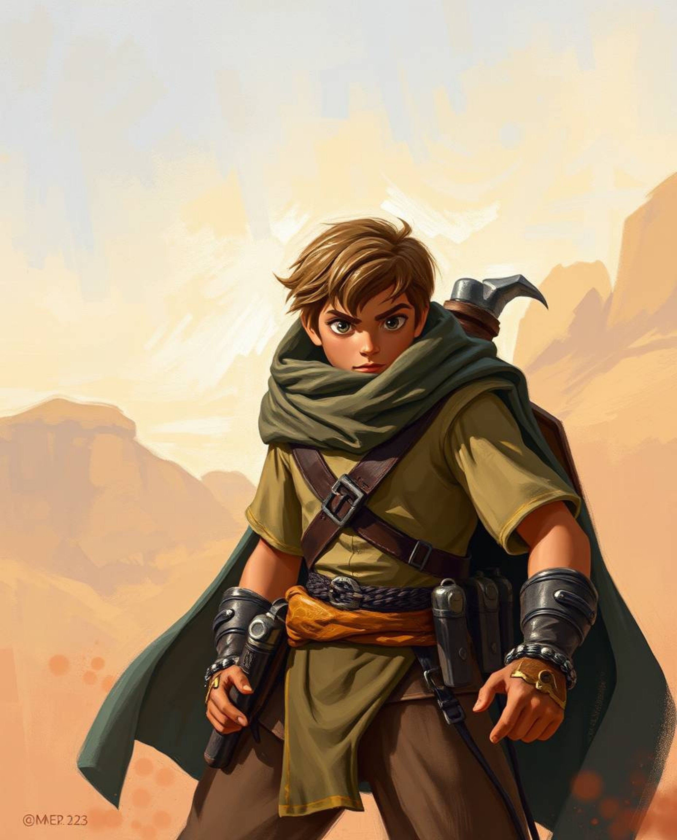 A brave hero embarks on a thrilling desert adventure, rendered in a stunning classic oil painting style. This digital artwor