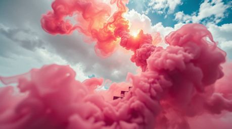 An extreme macro close-up showcases a dynamic winding stairway crafted from smoke and light, ascending into a vast, cloudy sk