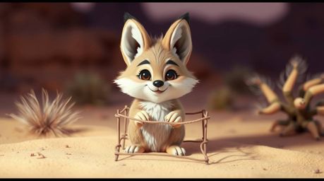 An adorable and charming coyote with endearing features is setting up a ridiculous trap in the desert, rendered in soft, past