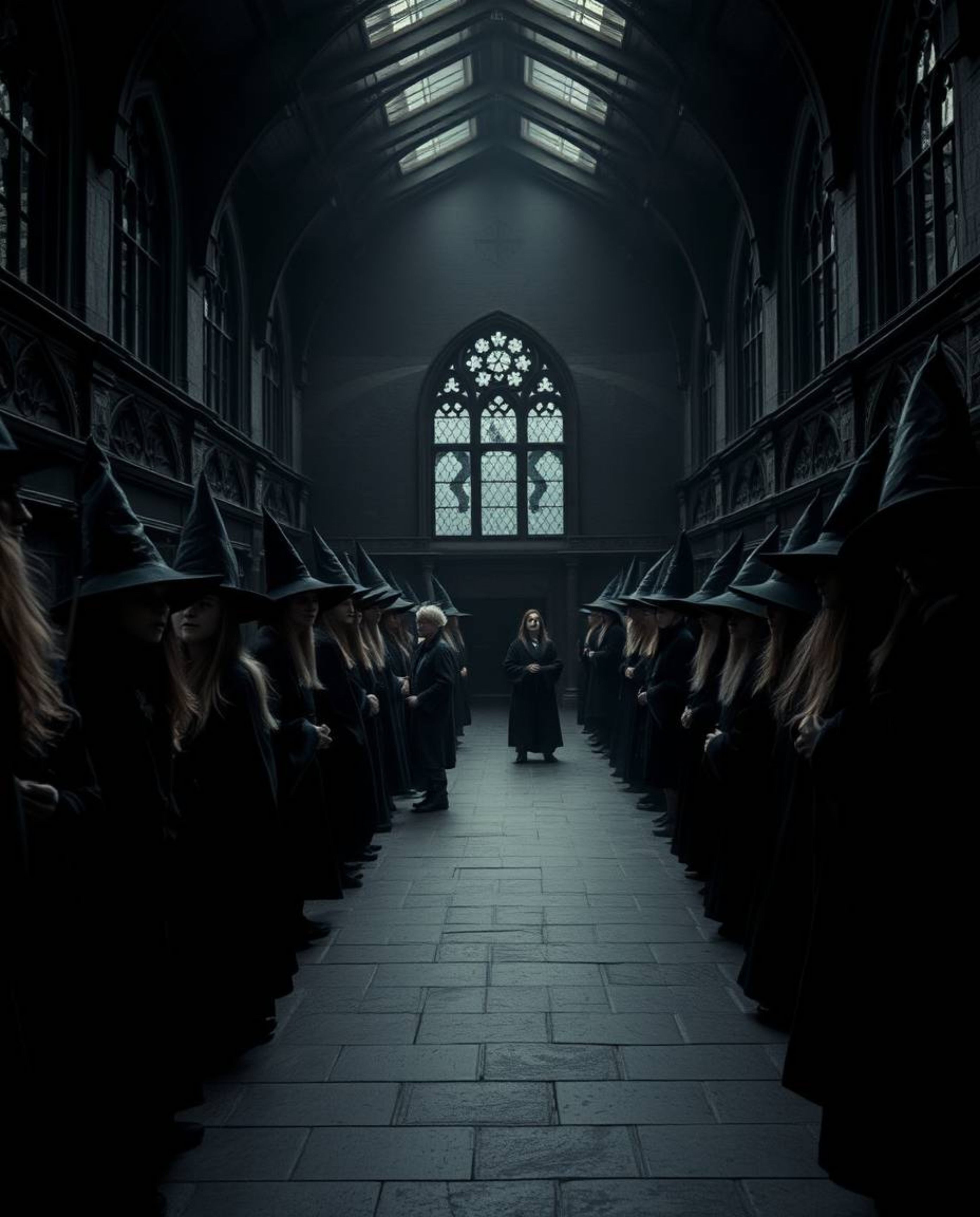 Explore a magical school teeming with young wizards, captured in a dramatic cinematic style. The scene is defined by intense 