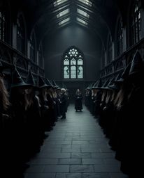 Explore a magical school teeming with young wizards, captured in a dramatic cinematic style. The scene is defined by intense 
