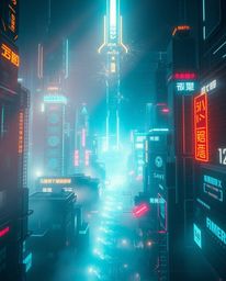 Experience a futuristic city in glitch mode, bathed in ethereal volumetric lighting.  Flickering lights, broken holograms, an