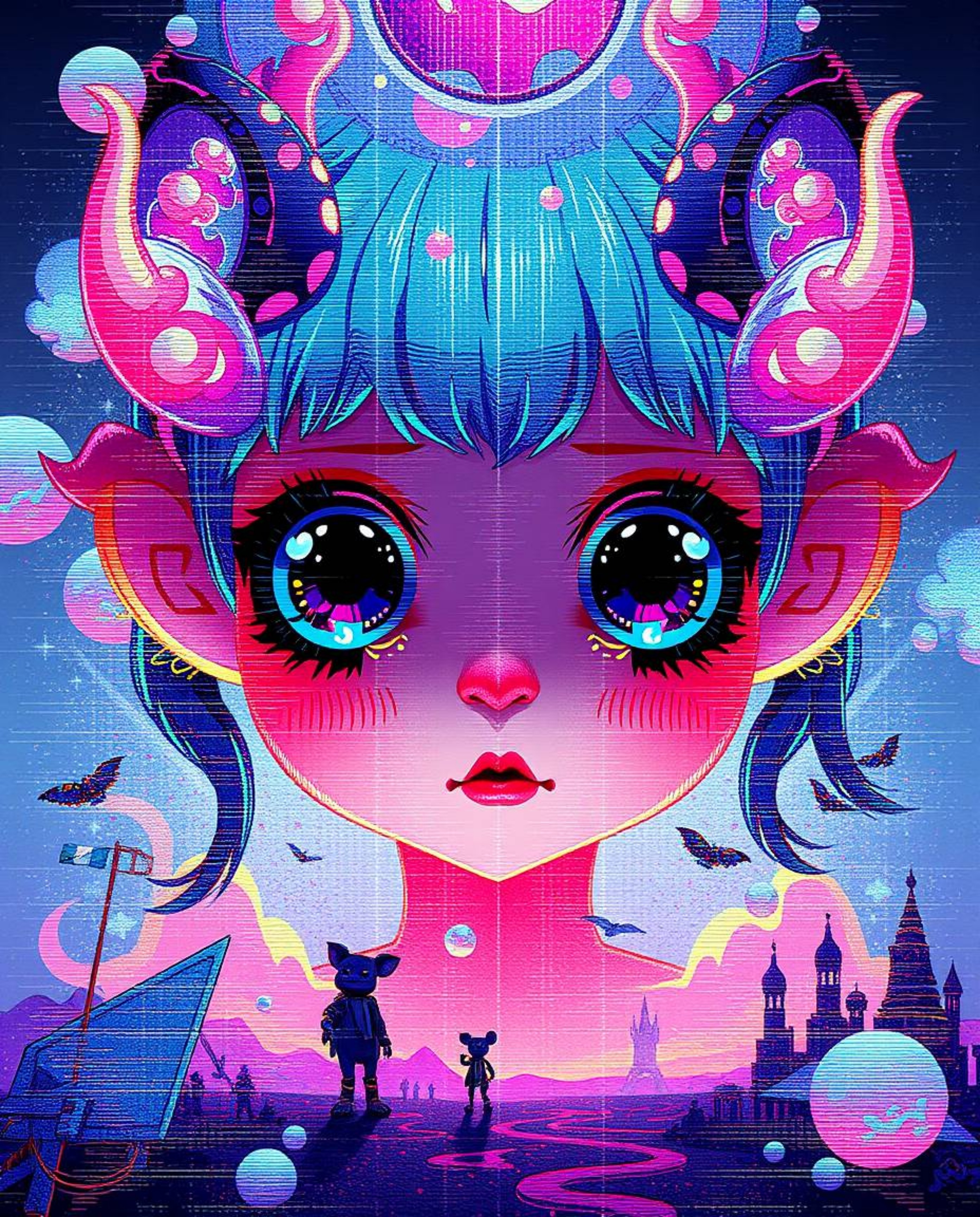Discover stunning dreamlike surreal digital glitch art portraits featuring adorable and cute characters with corrupted data a