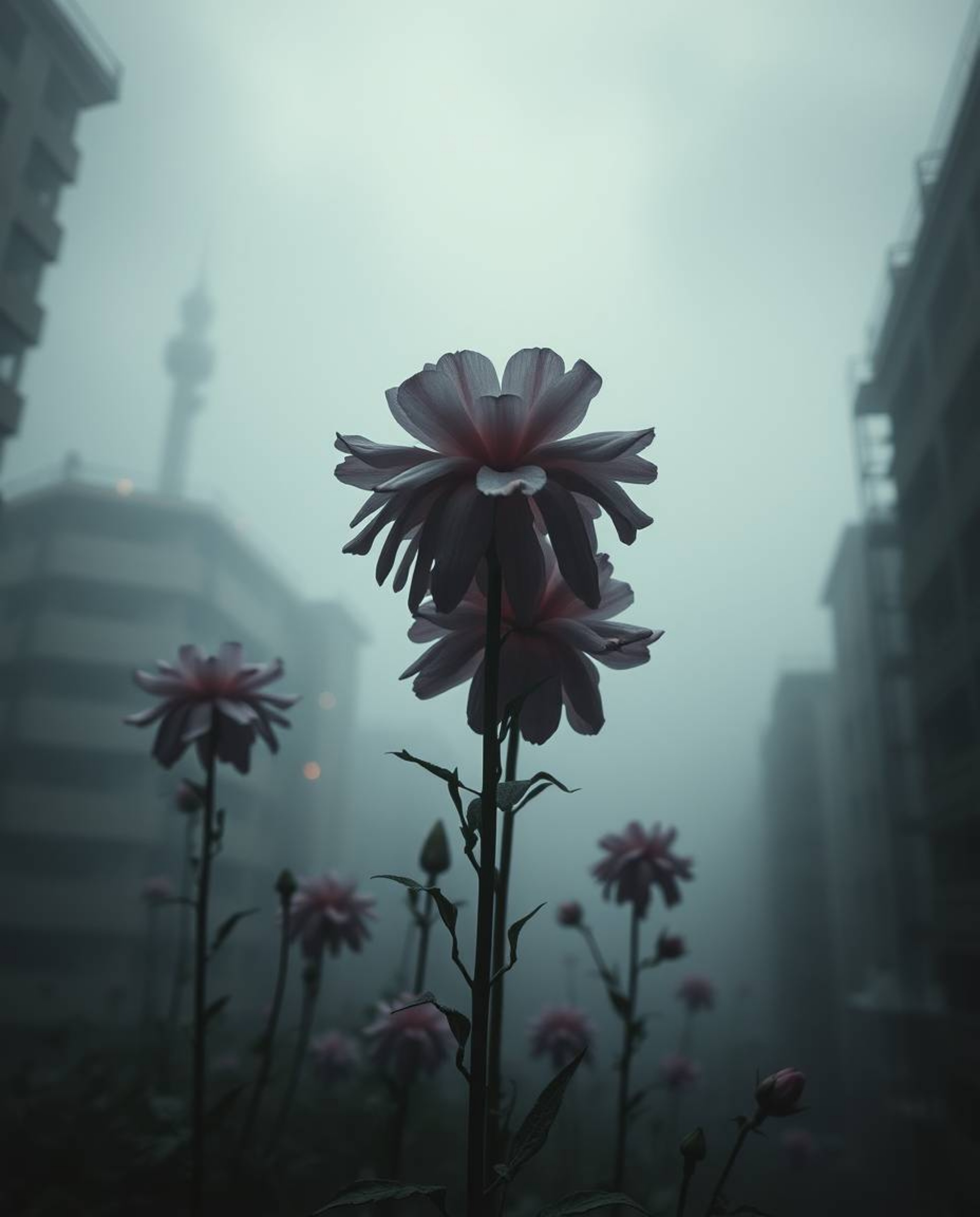 A captivating image depicting eerie, creepy flowers blooming amidst the ruins of a post-apocalyptic city.  Thick fog hangs he