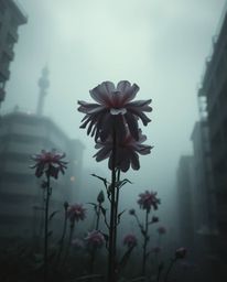 A captivating image depicting eerie, creepy flowers blooming amidst the ruins of a post-apocalyptic city.  Thick fog hangs he