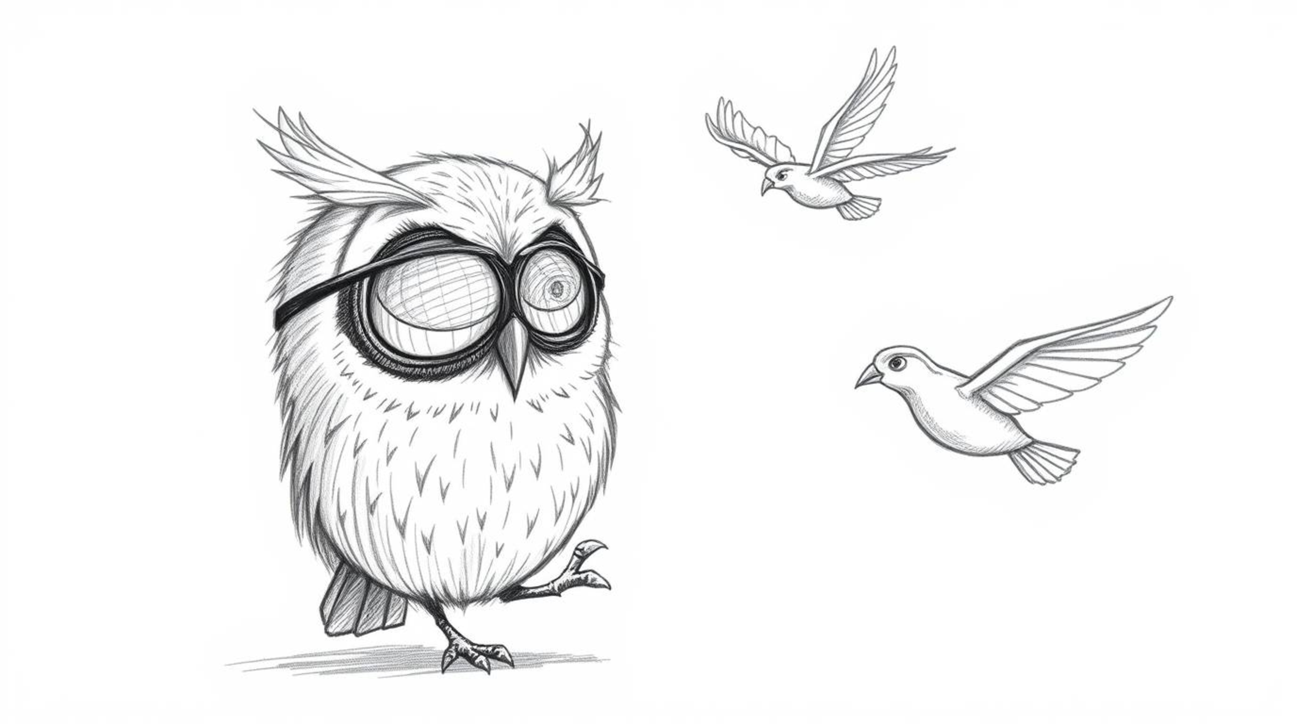 A whimsical hand-drawn pencil sketch in the style of Pixar animation depicts a blind owl with large, expressive eyes patientl