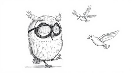 A whimsical hand-drawn pencil sketch in the style of Pixar animation depicts a blind owl with large, expressive eyes patientl