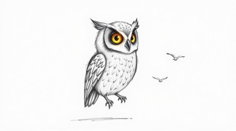 A heartwarming hand-drawn sketch in Pixar style depicts a blind owl, its feathers radiant in a sunbeam, guiding a group of bi