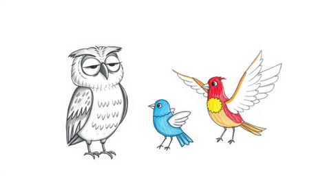 A heart-warming hand-drawn sketch in Pixar style depicts a wise, blind owl with wrinkled features mentoring brightly colored 