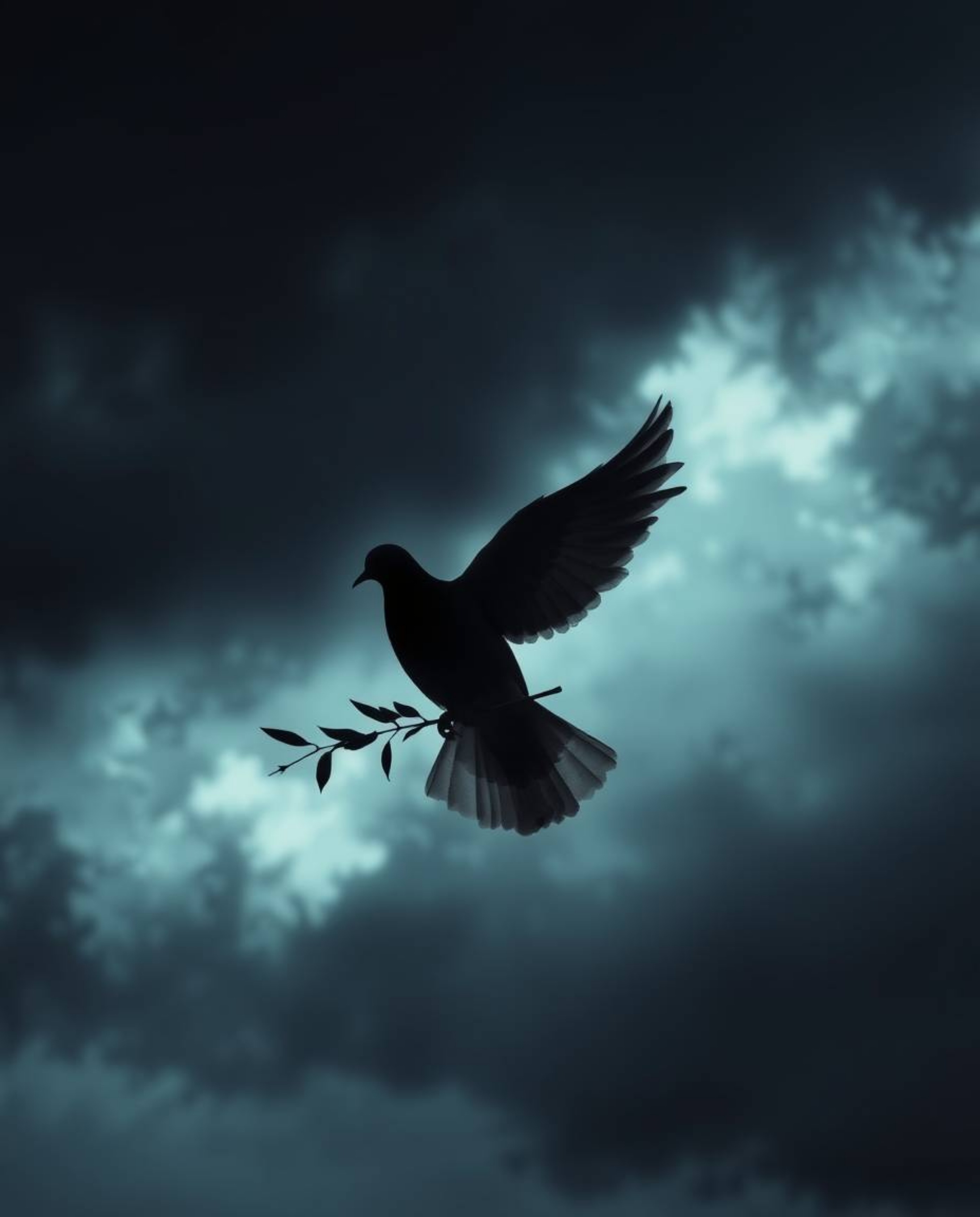 A captivating image featuring a dove carrying an olive branch silhouetted against a stormy sky with eerie backlighting and da
