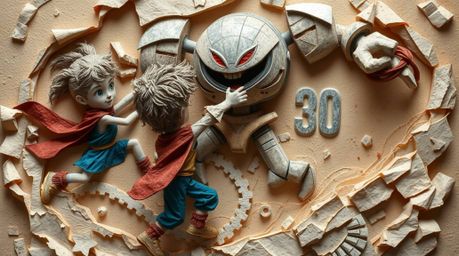 A captivating digital artwork depicting three superpowered children engaging in a dynamic battle against a formidable robot. 