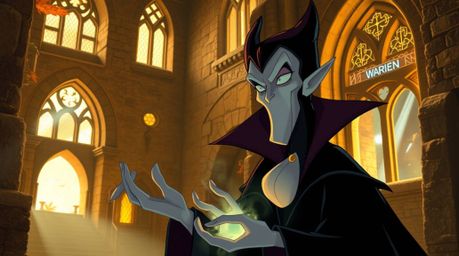 A captivating illustration of a classic Disney villain casting a spell within an ancient stone castle. The scene blends clas