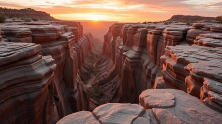 A stunning professional photograph captures a rocky canyon bathed in the warm hues of a setting sun.  Soft pastel colors, low