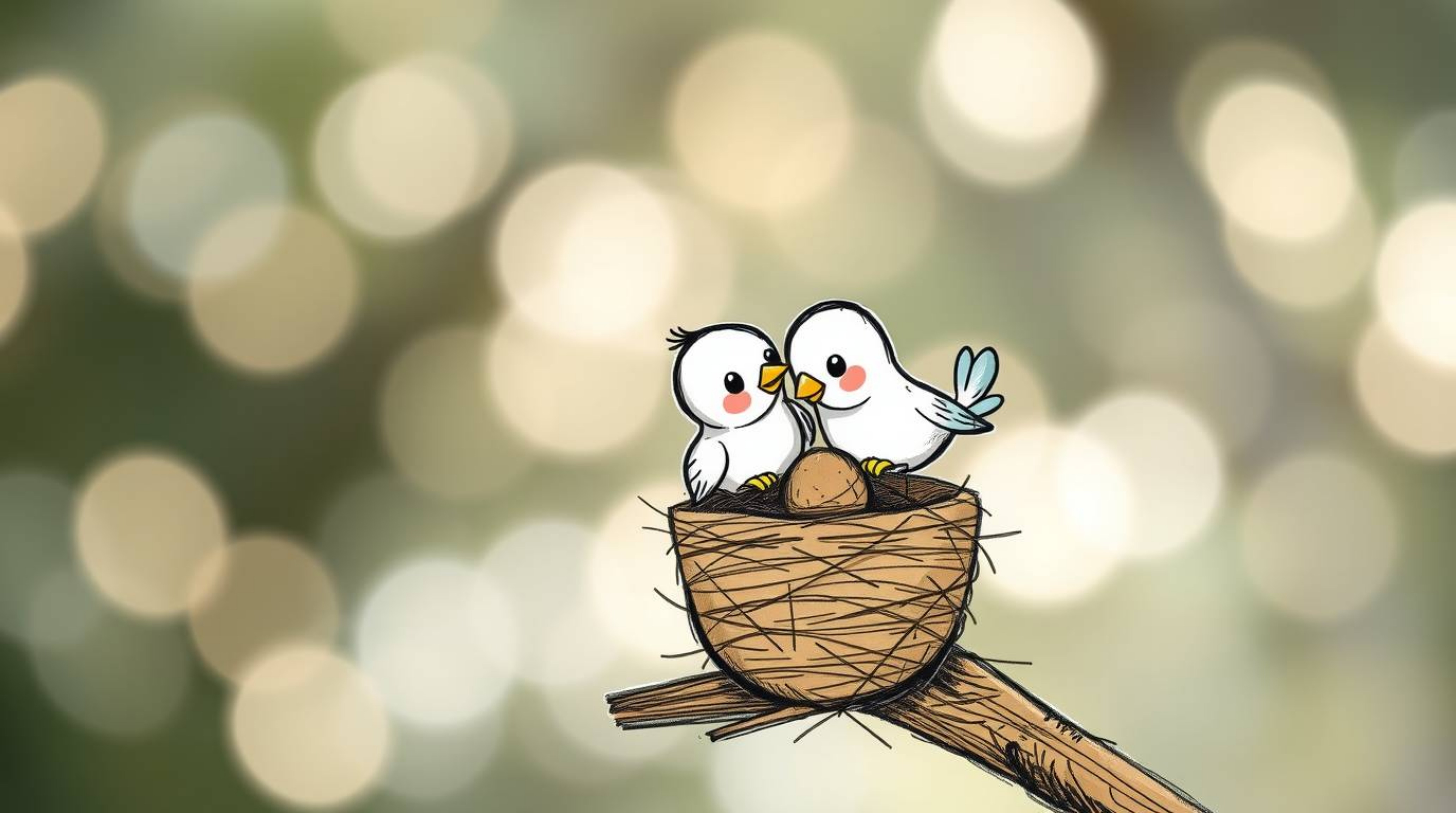 A charming hand-drawn sketch depicting two cartoon birds diligently constructing a nest.  The image features a classic animat