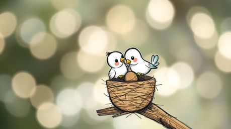 A charming hand-drawn sketch depicting two cartoon birds diligently constructing a nest. The image features a classic animat
