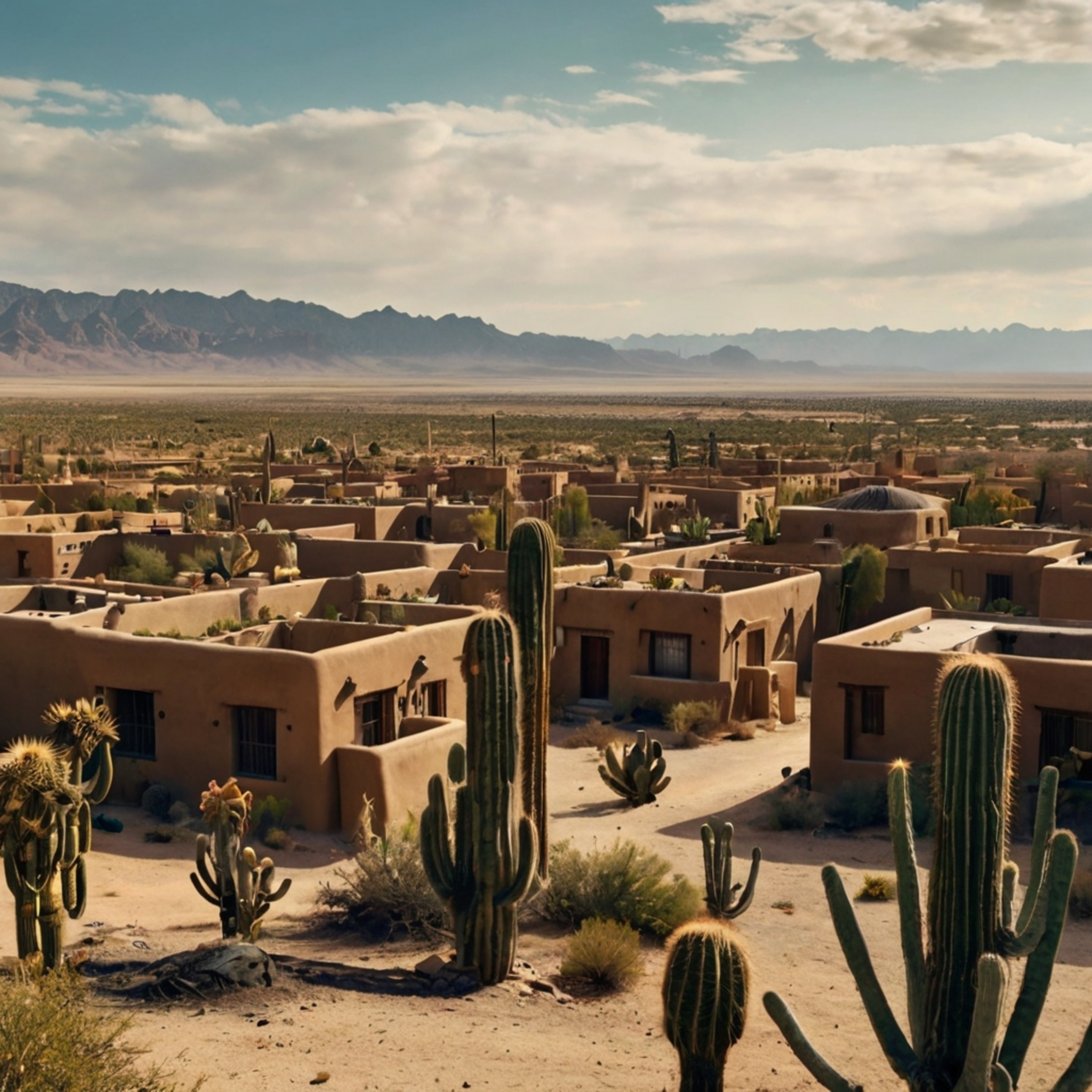 Imagine a vast desert city, its landscape painted with the warm hues of adobe buildings. Wide streets stretch out under the s