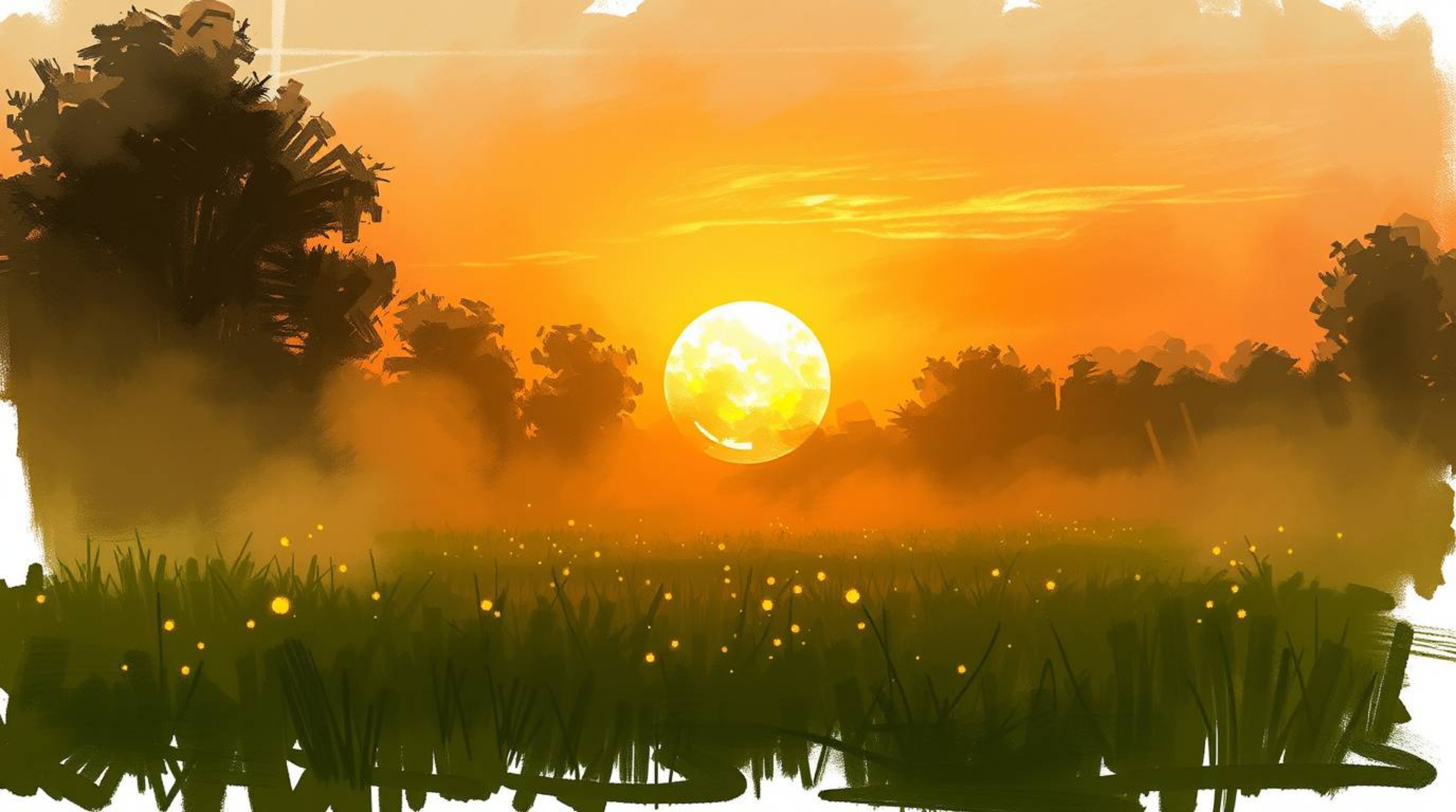 A digital sketch depicting a captivating sunset over a tranquil meadow, with the first fireflies beginning to emerge.  The ar